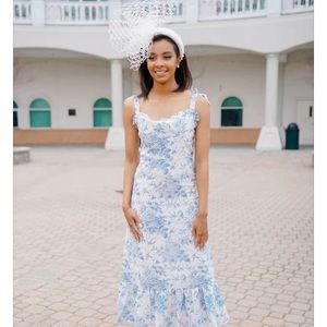 Sunday Up, Blue and White floral midi dress. Tie Shoulder. Ruffle Hem.  Small